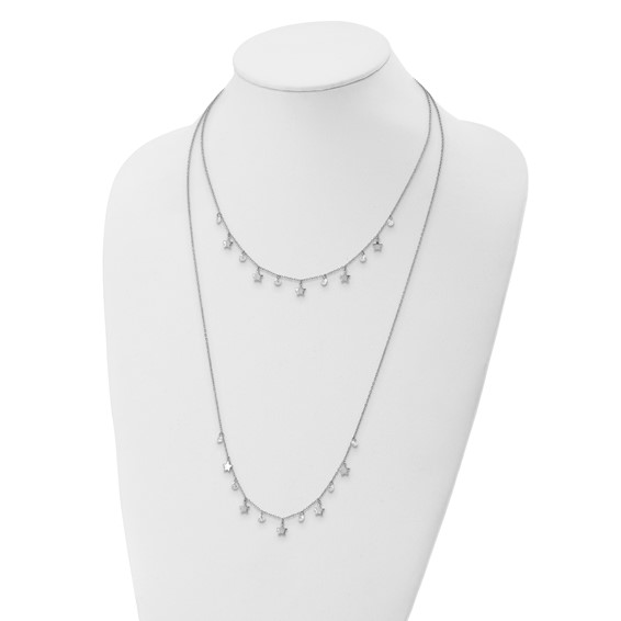 Sterling Silver Rh-Plated Stars and CZ Layered w/ 1.25in Ext. Necklace