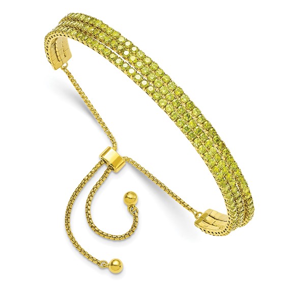 SS Gold-tone August Light Green Triple CZ Adjustable Bracelet