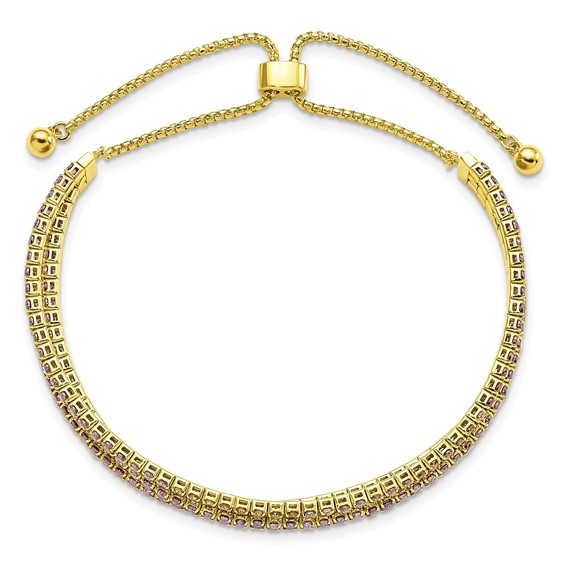 SS Gold-tone February Purple Triple CZ Adjustable Bracelet