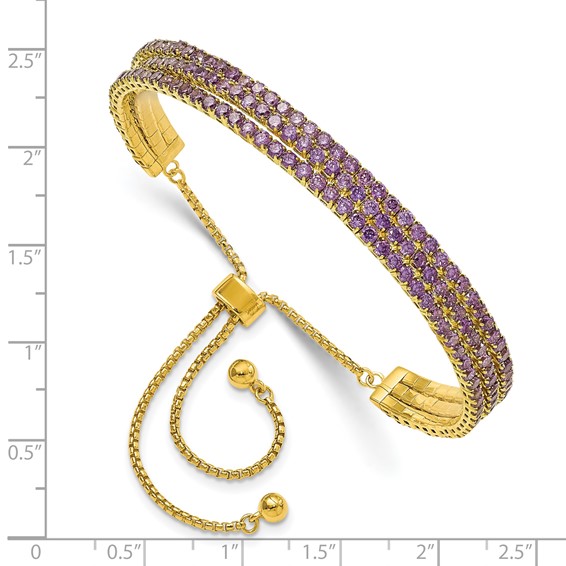 SS Gold-tone February Purple Triple CZ Adjustable Bracelet