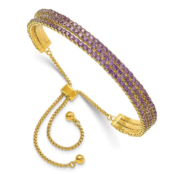 SS Gold-tone February Purple Triple CZ Adjustable Bracelet