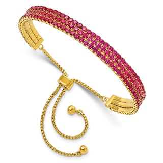 SS Gold-tone July Dark Pink Triple CZ Adjustable Bracelet
