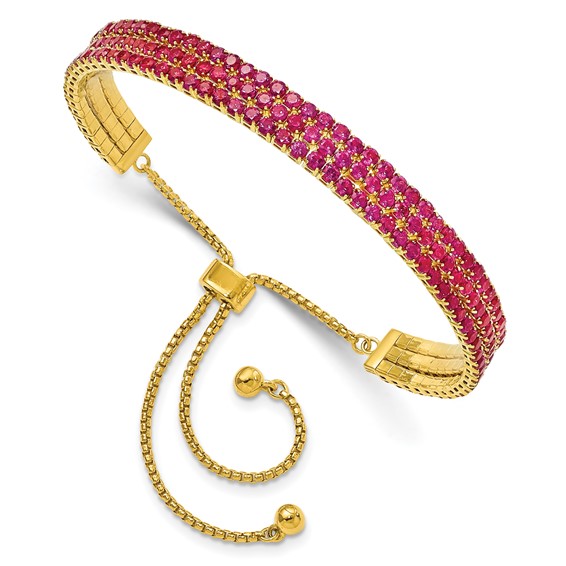 SS Gold-tone July Dark Pink Triple CZ Adjustable Bracelet
