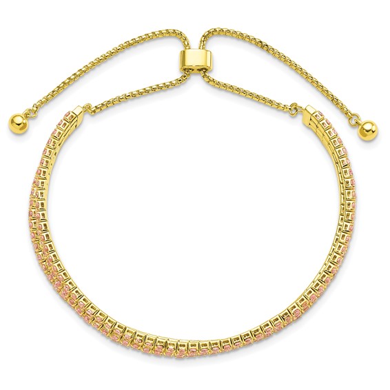 SS Gold-tone October Light Pink Triple CZ Adjustable Bracelet