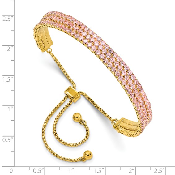 SS Gold-tone October Light Pink Triple CZ Adjustable Bracelet