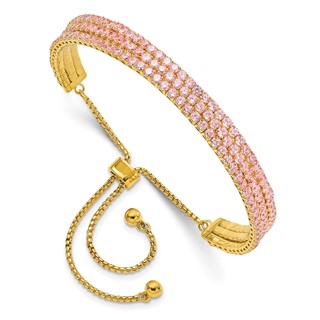 SS Gold-tone October Light Pink Triple CZ Adjustable Bracelet