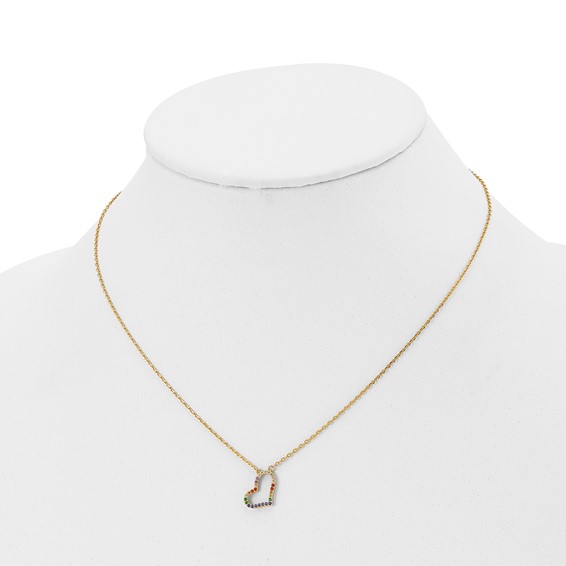 Prizma Sterling Silver Gold-tone 14K Flash Gold-plated 16 inch Colorful CZ Heart Necklace with 2 inch Extender