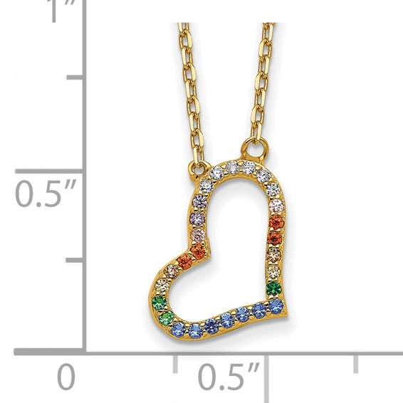 Prizma Sterling Silver Gold-tone 14K Flash Gold-plated 16 inch Colorful CZ Heart Necklace with 2 inch Extender