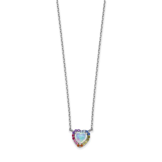 Sterling Silver Rhodium-plated 16 inch Lab Created Opal and Colorful CZ Heart Necklace with 2 inch Extender