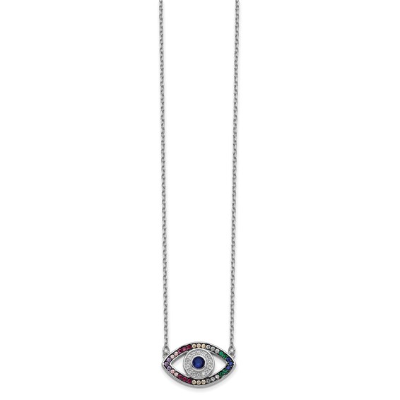 Prizma Sterling Silver Rhodium-plated 16 inch Colorful CZ Evil Eye Necklace with 2 inch Extender