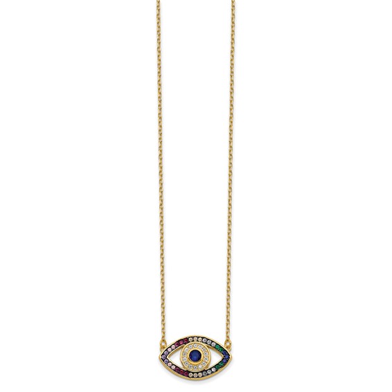 Prizma Sterling Silver Gold-tone 14K Flash Gold-plated 16 inch Colorful CZ Evil Eye Necklace with 2 inch Extender