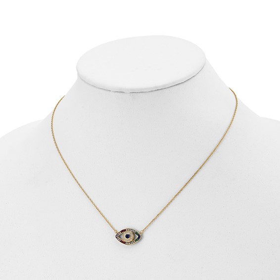 Prizma Sterling Silver Gold-tone 14K Flash Gold-plated 16 inch Colorful CZ Evil Eye Necklace with 2 inch Extender