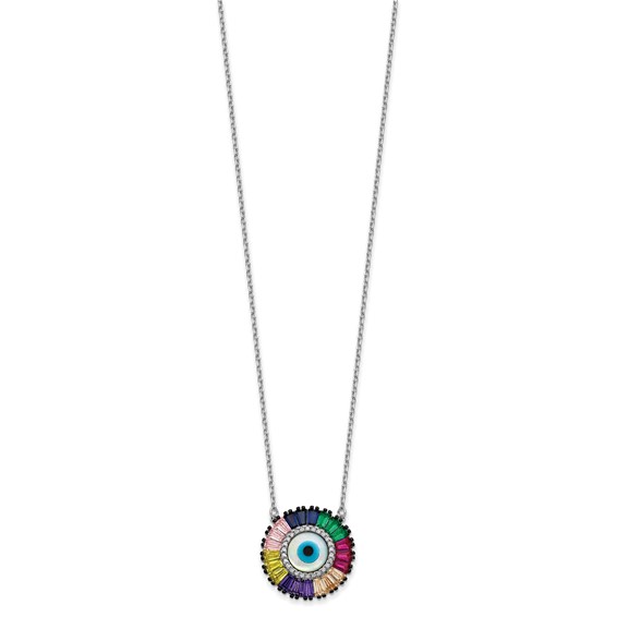 Prizma Sterling Silver Rhodium-plated 16 inch White and Colorful CZ and Glass Evil Eye Necklace with 2 inch Extender