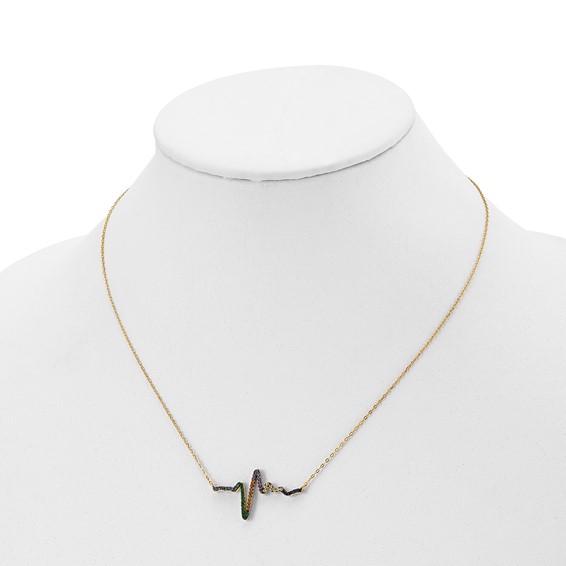 Prizma Sterling Silver Gold-tone 14K Flash Gold-plated 18 inch Colorful CZ Heartbeat Necklace  with 1 inch Extender