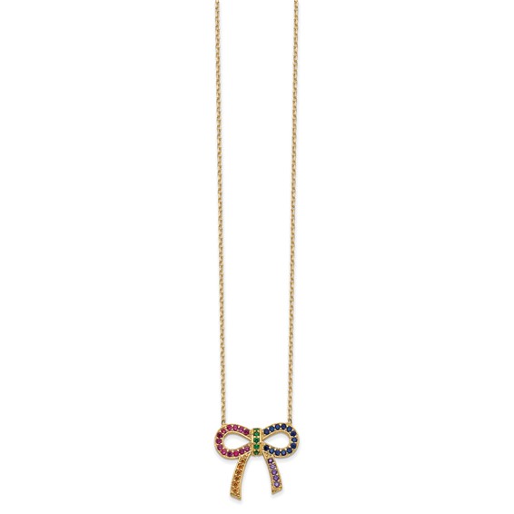 Prizma Sterling Silver Gold-tone 14K Flash Gold-plated 16 inch Colorful CZ Bow Necklace with 2 inch Extender