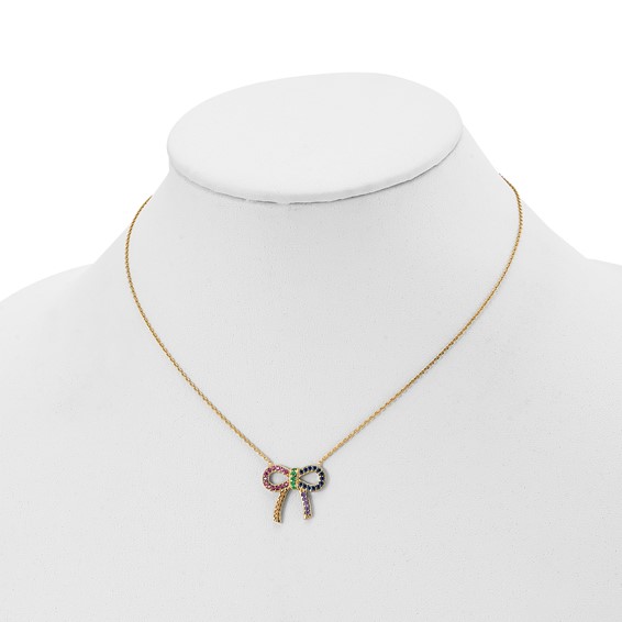 Prizma Sterling Silver Gold-tone 14K Flash Gold-plated 16 inch Colorful CZ Bow Necklace with 2 inch Extender