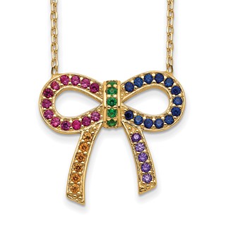 Prizma Sterling Silver Gold-tone 14K Flash Gold-plated 16 inch Colorful CZ Bow Necklace with 2 inch Extender