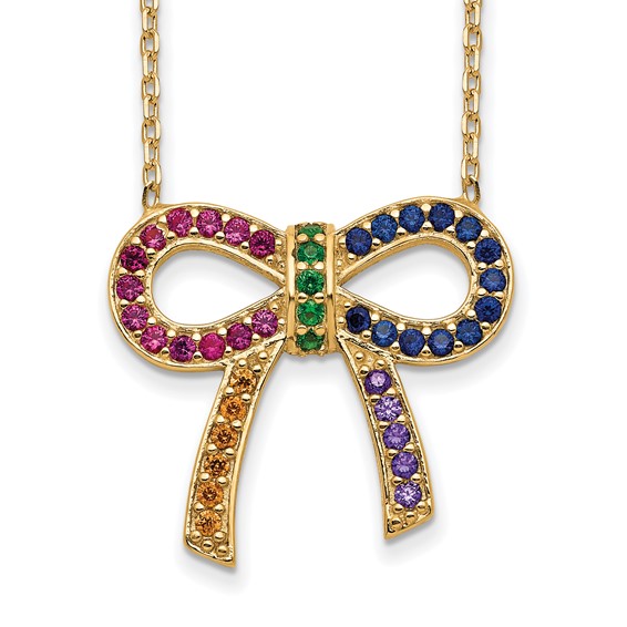 Prizma Sterling Silver Gold-tone 14K Flash Gold-plated 16 inch Colorful CZ Bow Necklace with 2 inch Extender