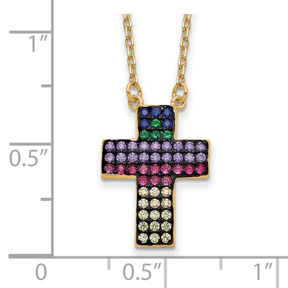 Prizma Sterling Silver Gold-tone 14K Flash Gold-plated 16 inch Colorful CZ Cross Necklace with 2 inch Extender