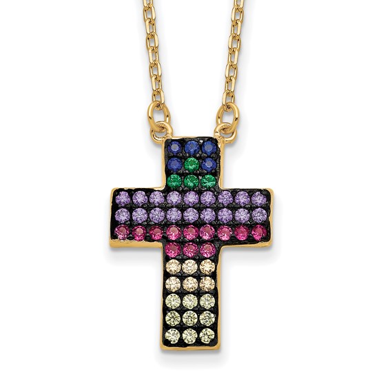 Prizma Sterling Silver Gold-tone 14K Flash Gold-plated 16 inch Colorful CZ Cross Necklace with 2 inch Extender