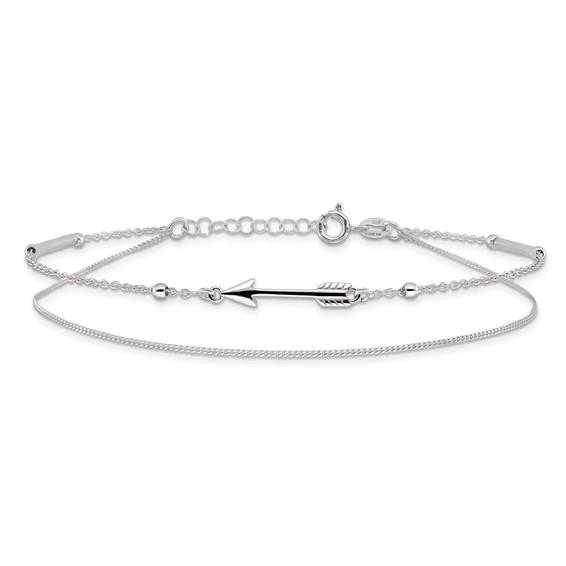 Sterling Silver 2-strand Arrow 9 inch Plus 1 inch Extender - Total 10 inch Anklet