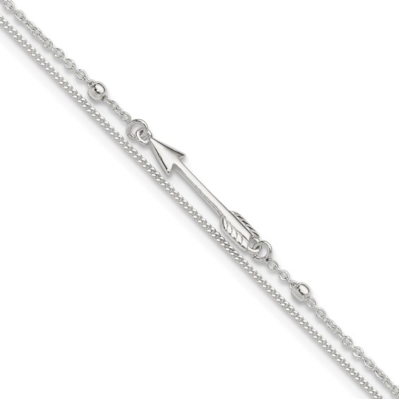 Sterling Silver 2-strand Arrow 9 inch Plus 1 inch Extender - Total 10 inch Anklet
