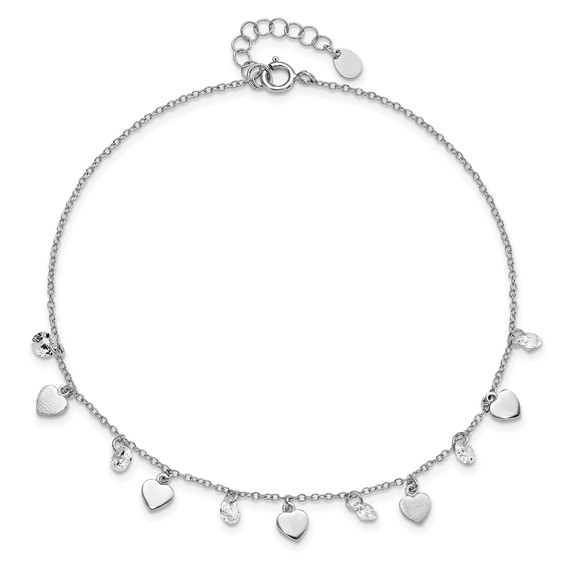 Sterling Silver Rhodium-plated Hearts and CZ 8.75 inch Plus 1 inch Extender - Total 9.75 inch Anklet