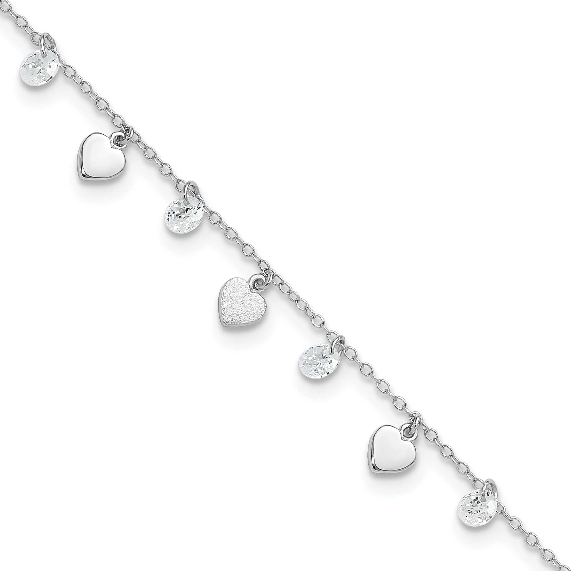 Sterling Silver RH-plated Polish and Brushed Heart CZ 8.75in Plus 1inExt An (QG5748-8.75)