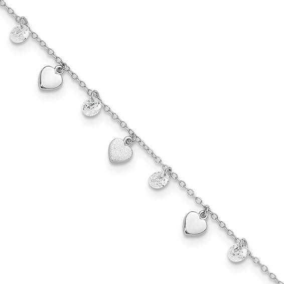 Sterling Silver Rhodium-plated Hearts and CZ 8.75 inch Plus 1 inch Extender - Total 9.75 inch Anklet