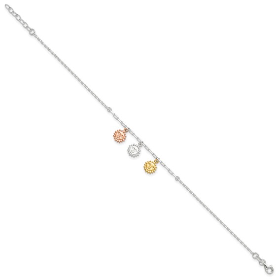 Sterling Silver Rose-tone and Gold-tone Suns 9 inch Plus 1 inch Extender - Total 10 inch Anklet