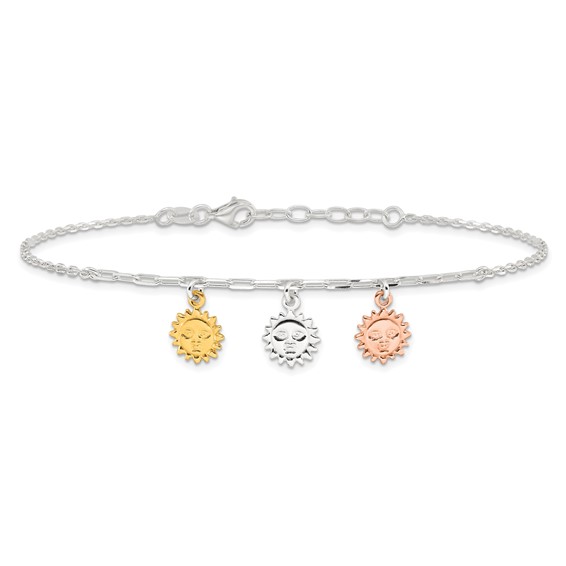 Sterling Silver Rose-tone and Gold-tone Suns 9 inch Plus 1 inch Extender - Total 10 inch Anklet