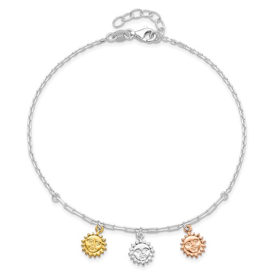 Sterling Silver Rose-tone and Gold-tone Suns 9 inch Plus 1 inch Extender - Total 10 inch Anklet
