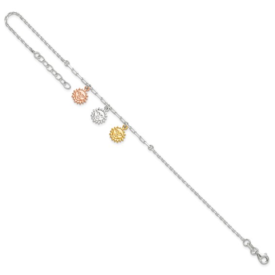 Sterling Silver Rose-tone and Gold-tone Suns 9 inch Plus 1 inch Extender - Total 10 inch Anklet