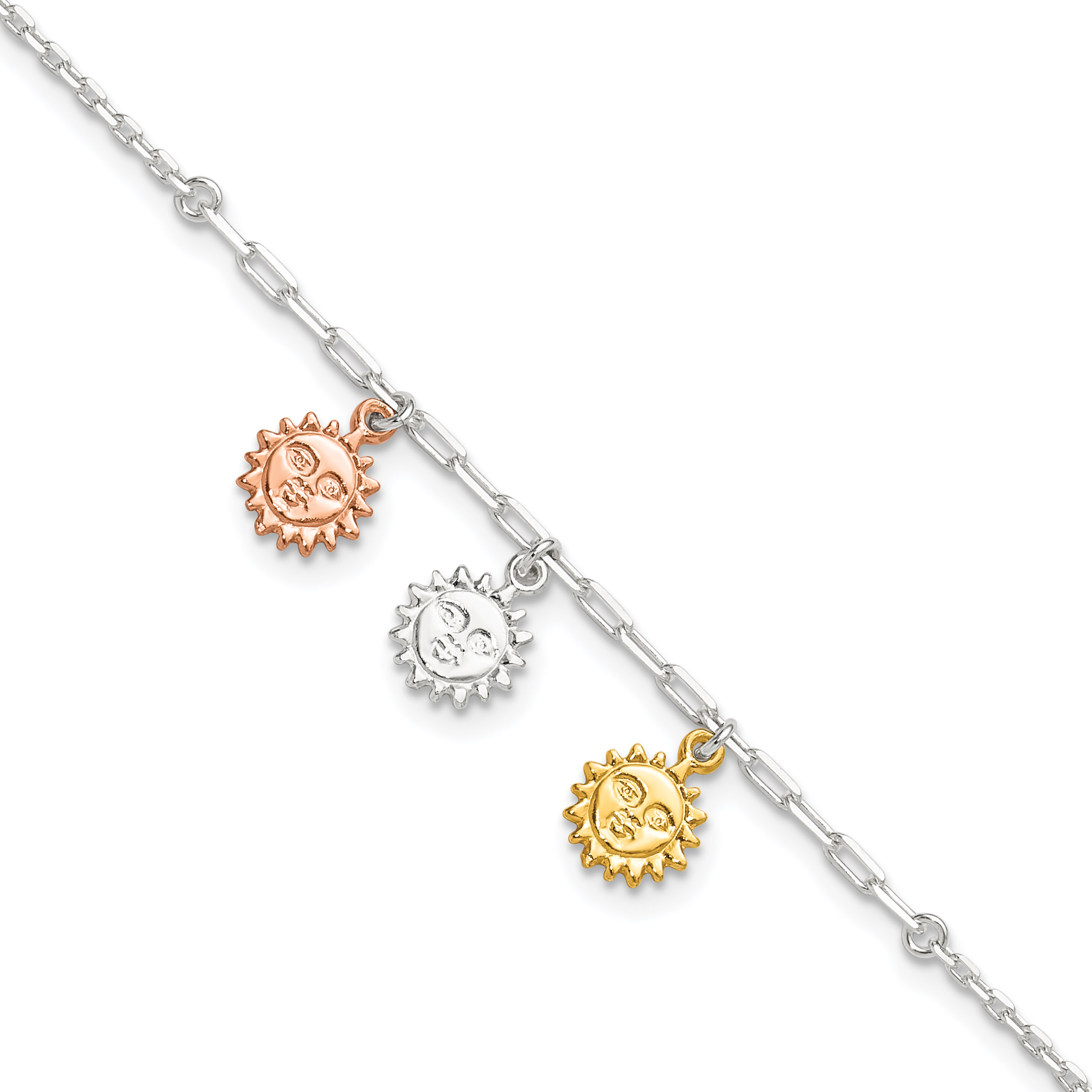 Sterling Silver Rose-tone and Gold-tone Suns 9in Plus 1in Ext. Anklet (QG5751-9)