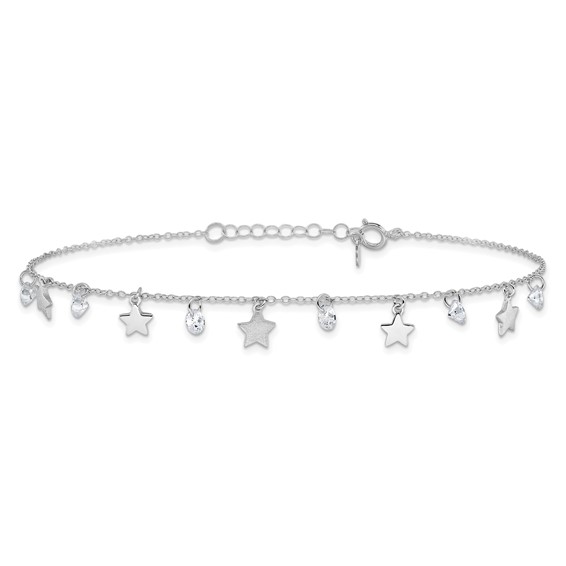 Sterling Silver Rhodium-plated Stars and CZ 9 inch Plus 1 inch Extender - Total 10 inch Anklet