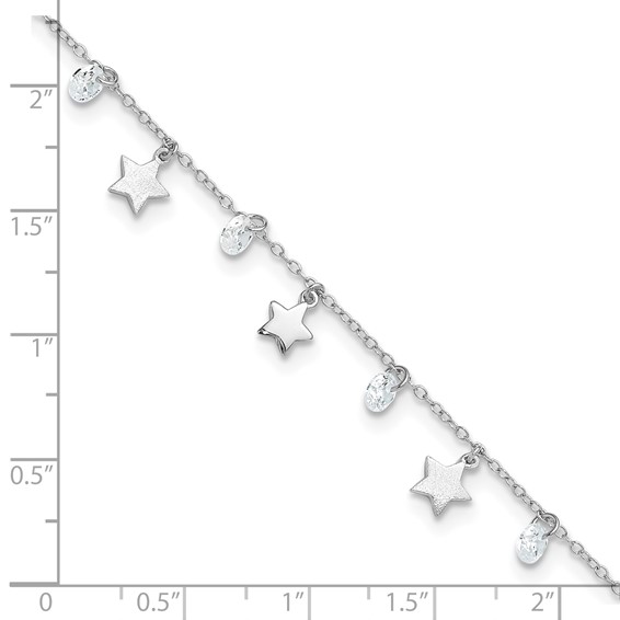 Sterling Silver Rhodium-plated Stars and CZ 9 inch Plus 1 inch Extender - Total 10 inch Anklet