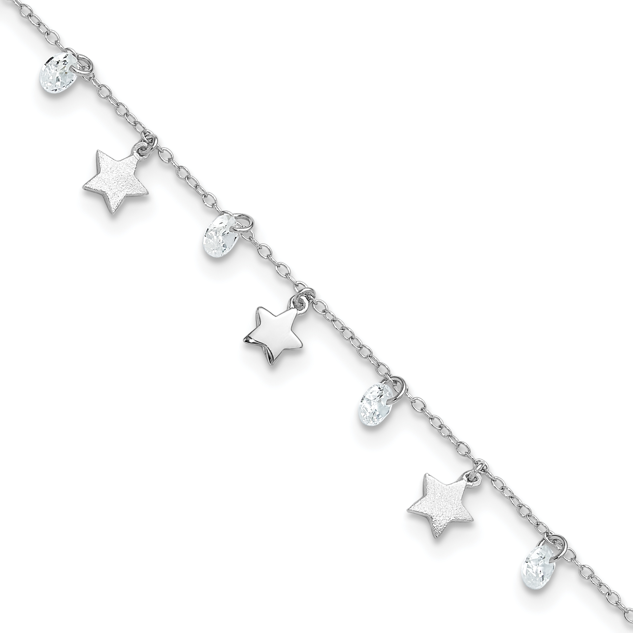 Sterling Silver RH-plated Polished and Brushed Star CZ 9in Plus 1in Ext. An (QG5753-9)