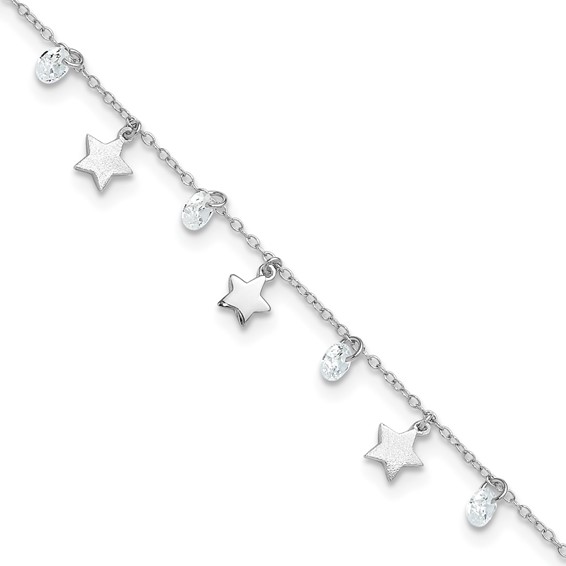 Sterling Silver Rhodium-plated Stars and CZ 9 inch Plus 1 inch Extender - Total 10 inch Anklet