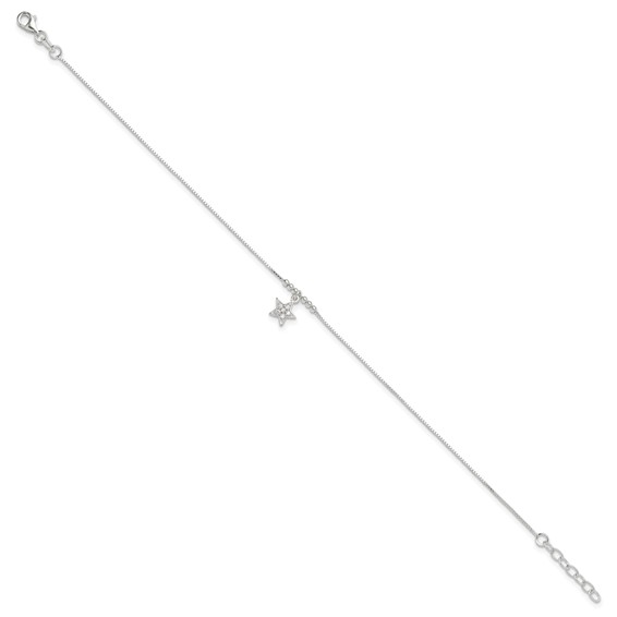 Sterling Silver CZ Star and Beads 9 inch Plus 1 inch Extender - Total 10 inch Anklet
