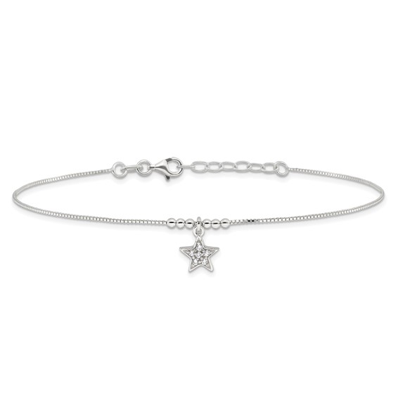 Sterling Silver CZ Star and Beads 9 inch Plus 1 inch Extender - Total 10 inch Anklet