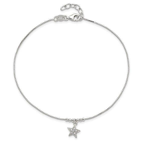 Sterling Silver CZ Star and Beads 9 inch Plus 1 inch Extender - Total 10 inch Anklet