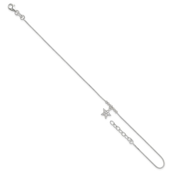 Sterling Silver CZ Star and Beads 9 inch Plus 1 inch Extender - Total 10 inch Anklet