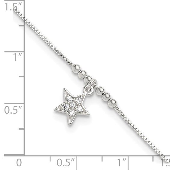 Sterling Silver CZ Star and Beads 9 inch Plus 1 inch Extender - Total 10 inch Anklet