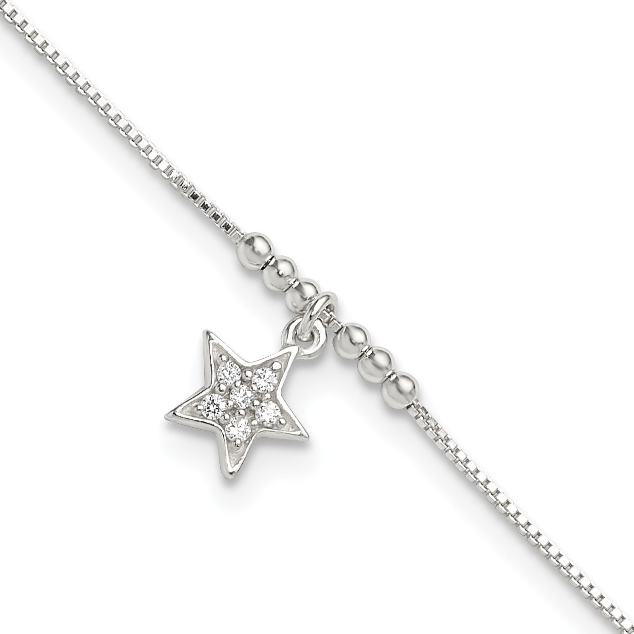 Sterling Silver CZ Star and Beads 9in Plus 1in Ext. Anklet (QG5754-9)