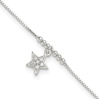 Sterling Silver CZ Star and Beads 9 inch Plus 1 inch Extender - Total 10 inch Anklet