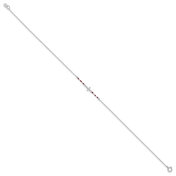 Sterling Silver Rhodium-plated Polished CZ Red Enamel Bead Cross Anklet
