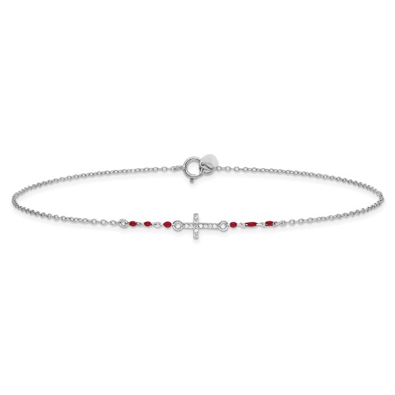 Sterling Silver Rhodium-plated Polished CZ Red Enamel Bead Cross Anklet