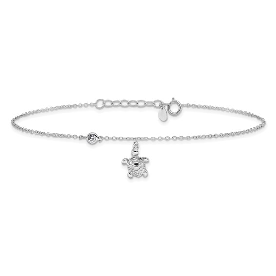 Sterling Silver Rhodium-plated CZ Turtle Charm 9 inch Plus 1 inch Extender - Total 10 inch Anklet
