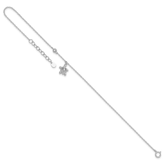 Sterling Silver Rhodium-plated CZ Turtle Charm 9 inch Plus 1 inch Extender - Total 10 inch Anklet