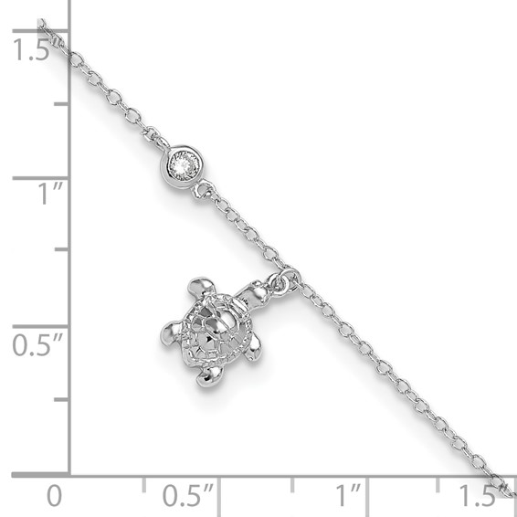 Sterling Silver Rhodium-plated CZ Turtle Charm 9 inch Plus 1 inch Extender - Total 10 inch Anklet